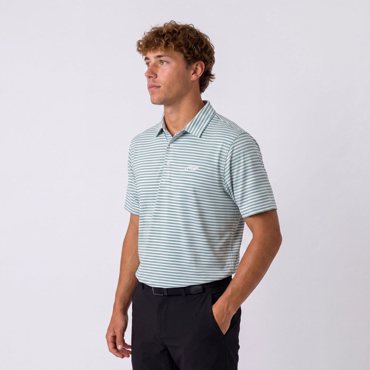 Gron og hvid stribet golf polo til herre fra Align Golf