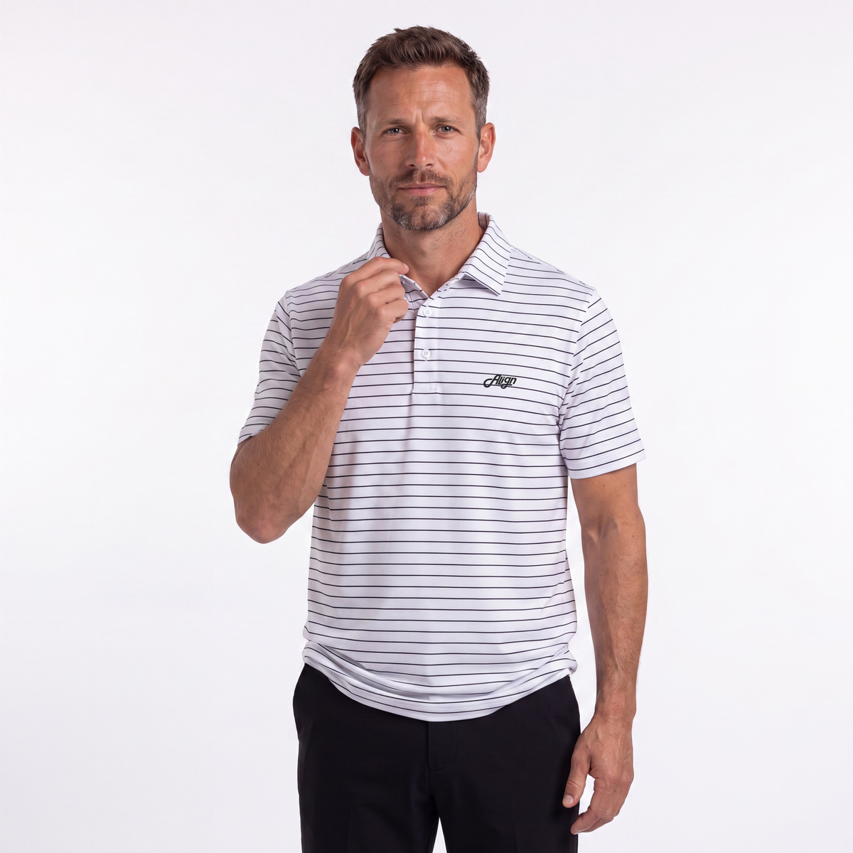 Hvid og sort stribet golf polo til herre fra Align Golf