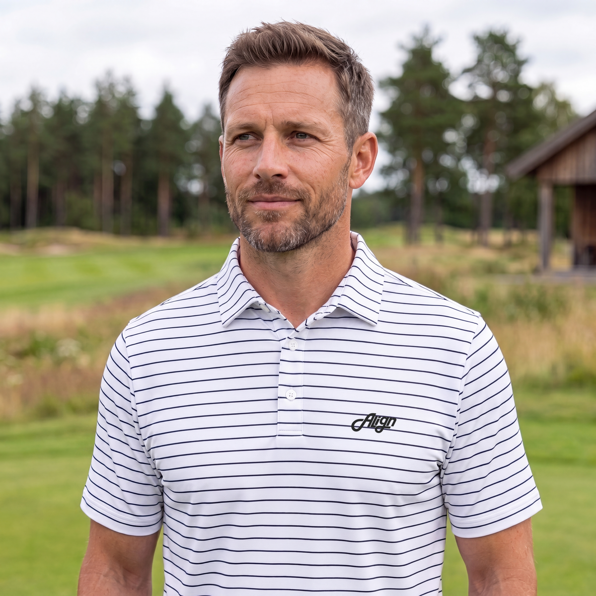Hvid og sort stribet golf polo til herre fra Align Golf