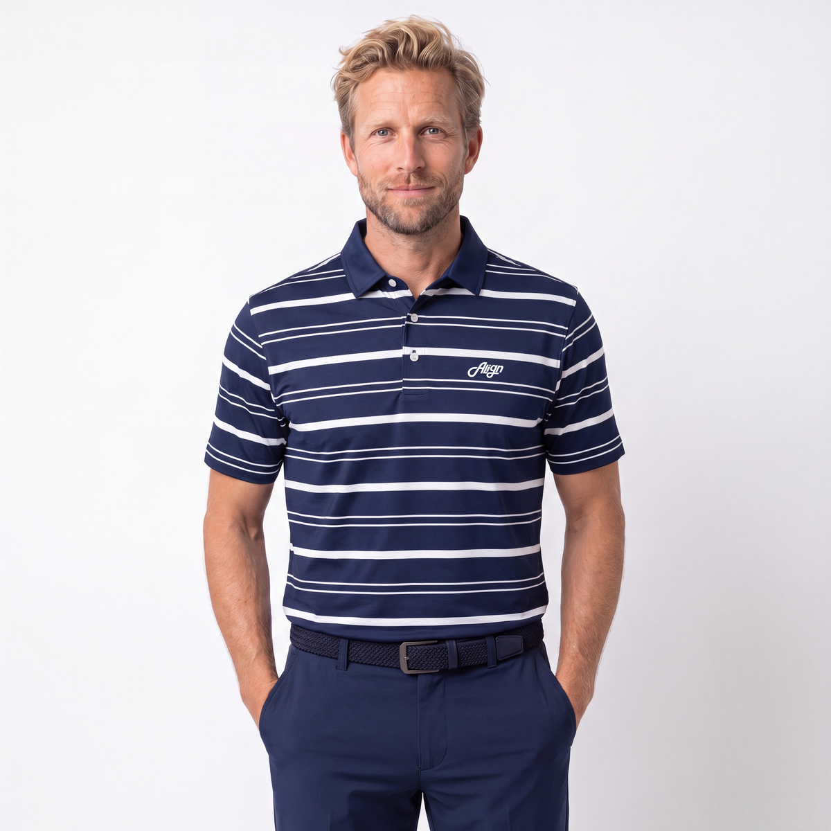 blå hvid stribet golf polo til herre fra Align Golf