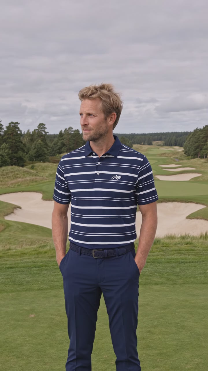 blå hvid stribet golf polo til herre fra Align Golf